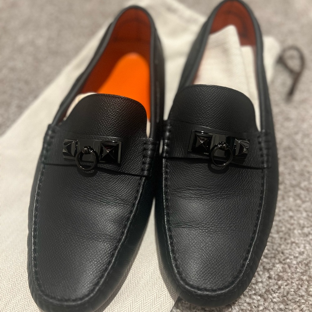 Hermes Black Leather Loafers with Signature Hardware